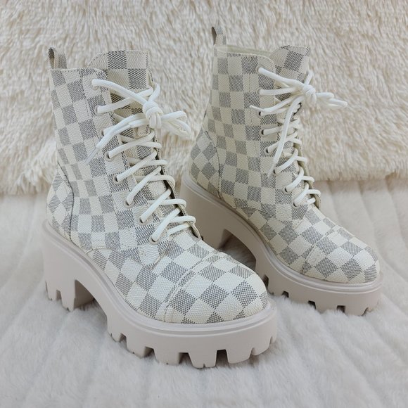 Off White Checker Pattern Platform Boots - Picture 4 of 6